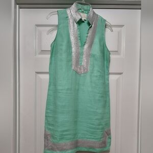 Sail To Sable Aqua Linen Shift Dress with Silver V-Neckline Embellishment Sz XS